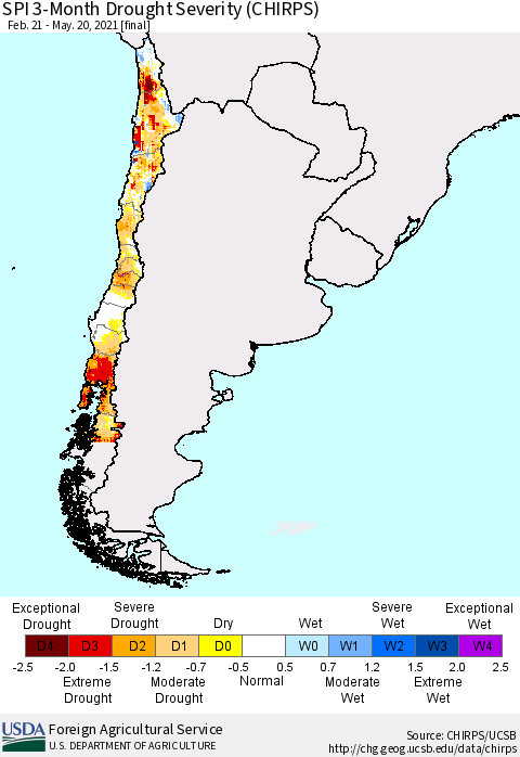 Chile SPI 3-Month Drought Severity (CHIRPS) Thematic Map For 2/21/2021 - 5/20/2021