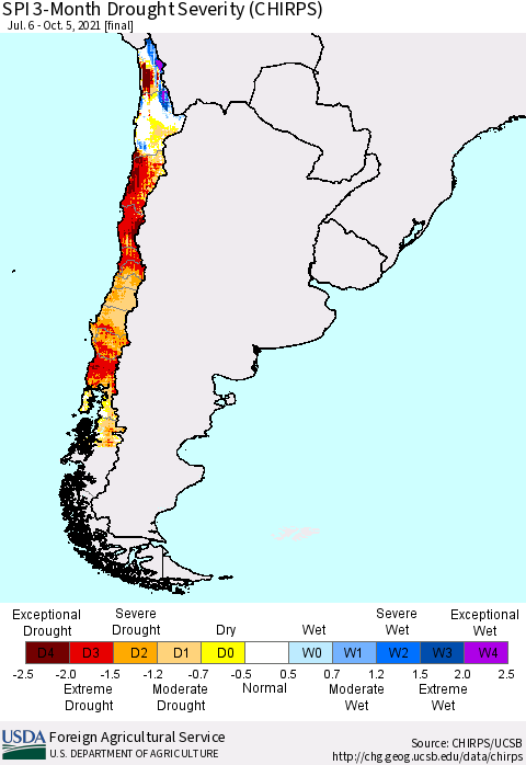 Chile SPI 3-Month Drought Severity (CHIRPS) Thematic Map For 7/6/2021 - 10/5/2021