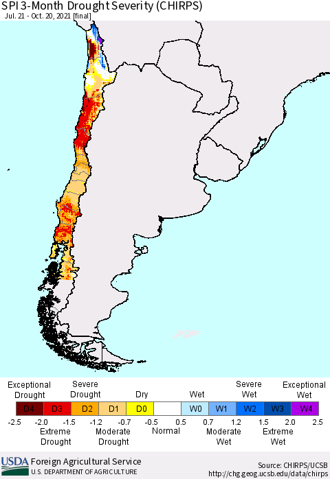 Chile SPI 3-Month Drought Severity (CHIRPS) Thematic Map For 7/21/2021 - 10/20/2021