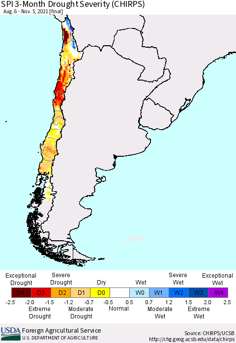 Chile SPI 3-Month Drought Severity (CHIRPS) Thematic Map For 8/6/2021 - 11/5/2021