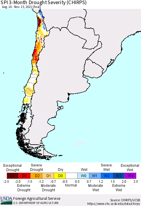 Chile SPI 3-Month Drought Severity (CHIRPS) Thematic Map For 8/16/2021 - 11/15/2021