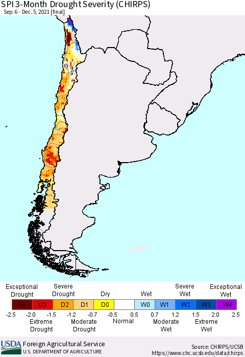 Chile SPI 3-Month Drought Severity (CHIRPS) Thematic Map For 9/6/2021 - 12/5/2021