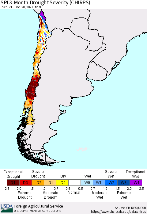 Chile SPI 3-Month Drought Severity (CHIRPS) Thematic Map For 9/21/2021 - 12/20/2021