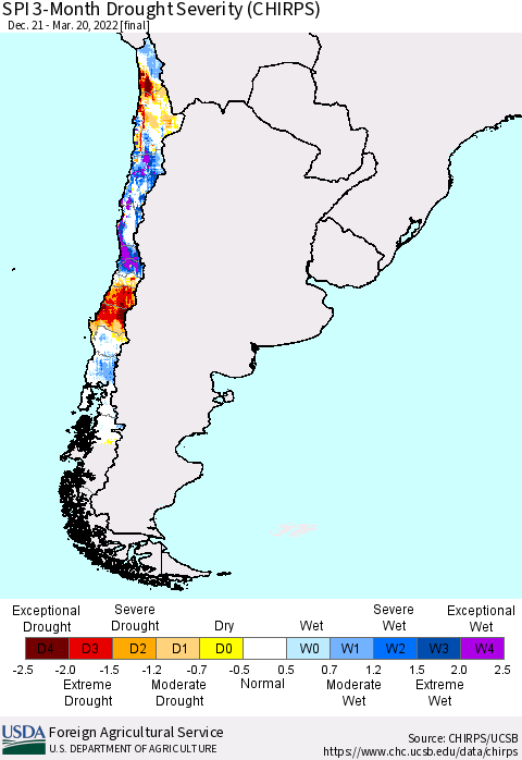 Chile SPI 3-Month Drought Severity (CHIRPS) Thematic Map For 12/21/2021 - 3/20/2022
