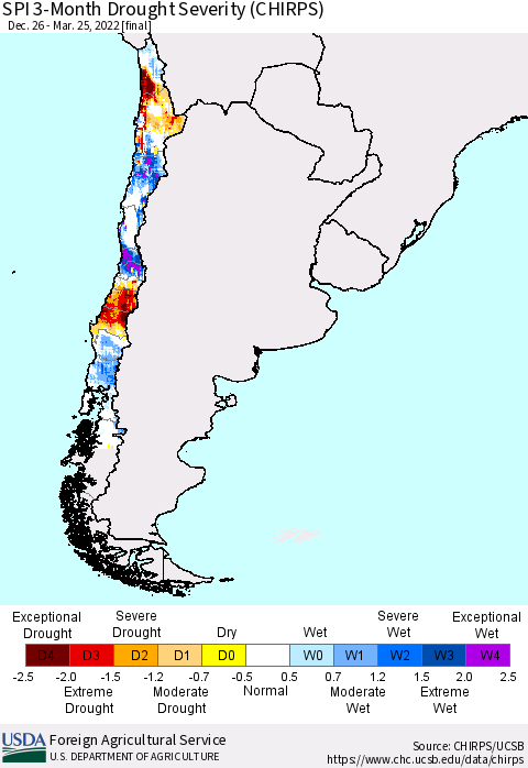 Chile SPI 3-Month Drought Severity (CHIRPS) Thematic Map For 12/26/2021 - 3/25/2022