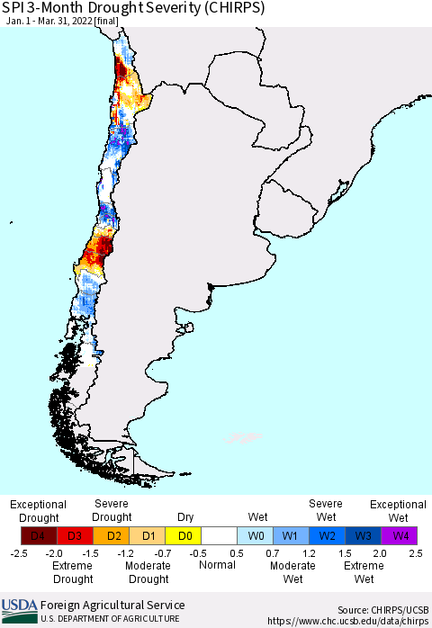 Chile SPI 3-Month Drought Severity (CHIRPS) Thematic Map For 1/1/2022 - 3/31/2022