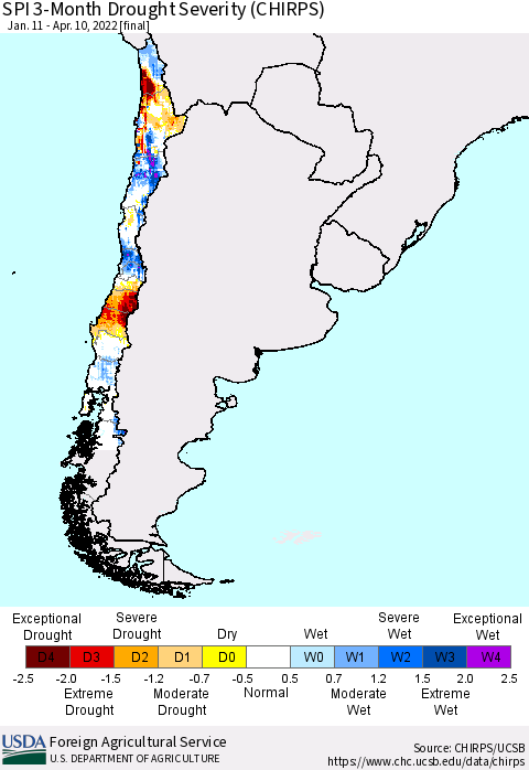 Chile SPI 3-Month Drought Severity (CHIRPS) Thematic Map For 1/11/2022 - 4/10/2022