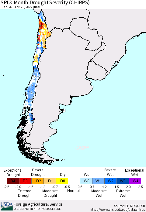 Chile SPI 3-Month Drought Severity (CHIRPS) Thematic Map For 1/26/2022 - 4/25/2022