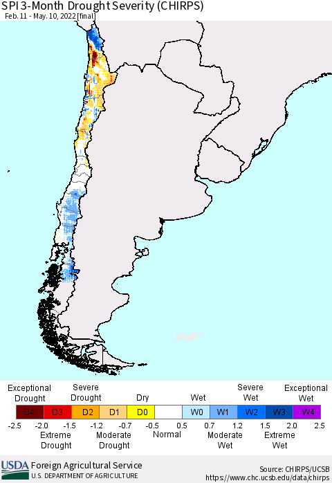 Chile SPI 3-Month Drought Severity (CHIRPS) Thematic Map For 2/11/2022 - 5/10/2022