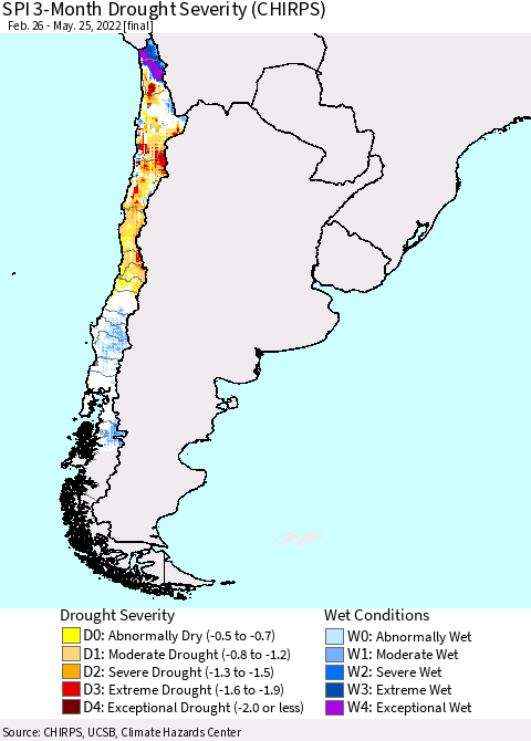 Chile SPI 3-Month Drought Severity (CHIRPS) Thematic Map For 2/26/2022 - 5/25/2022