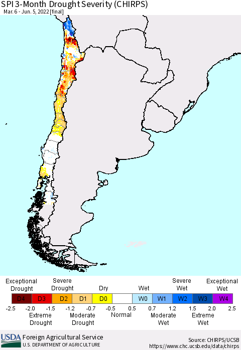 Chile SPI 3-Month Drought Severity (CHIRPS) Thematic Map For 3/6/2022 - 6/5/2022