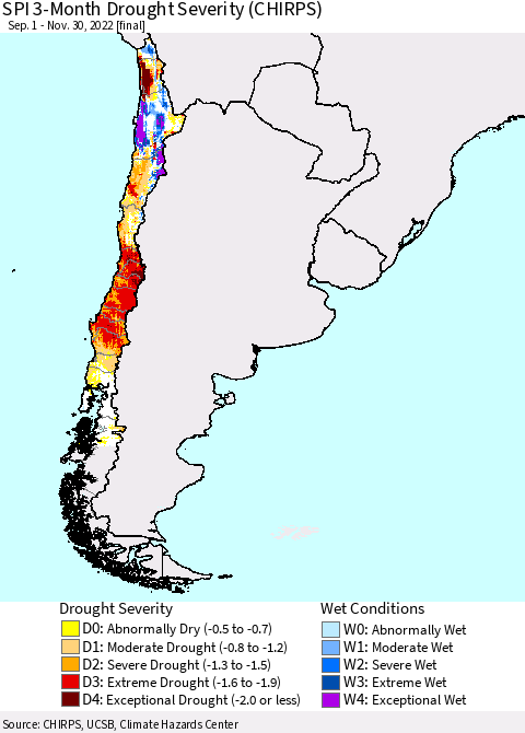 Chile SPI 3-Month Drought Severity (CHIRPS) Thematic Map For 9/1/2022 - 11/30/2022