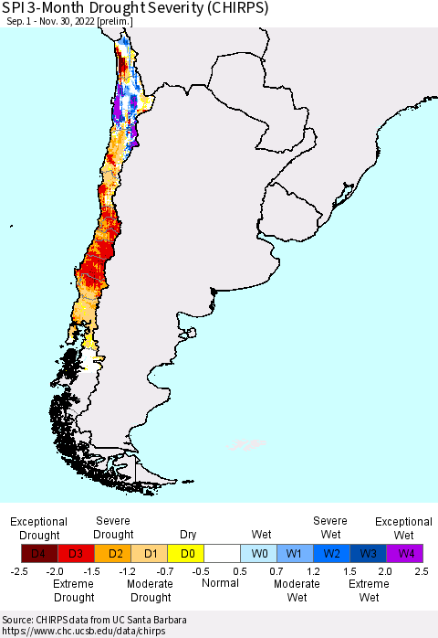 Chile SPI 3-Month Drought Severity (CHIRPS) Thematic Map For 9/1/2022 - 11/30/2022