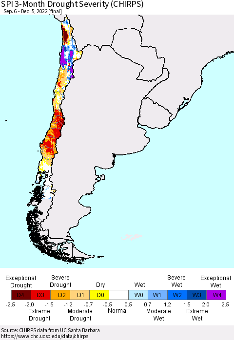 Chile SPI 3-Month Drought Severity (CHIRPS) Thematic Map For 9/6/2022 - 12/5/2022