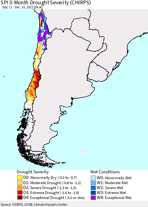 Chile SPI 3-Month Drought Severity (CHIRPS) Thematic Map For 9/11/2022 - 12/10/2022