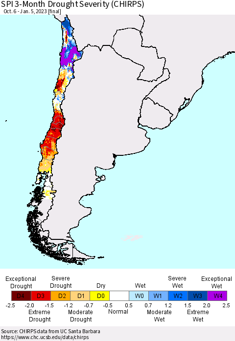 Chile SPI 3-Month Drought Severity (CHIRPS) Thematic Map For 10/6/2022 - 1/5/2023
