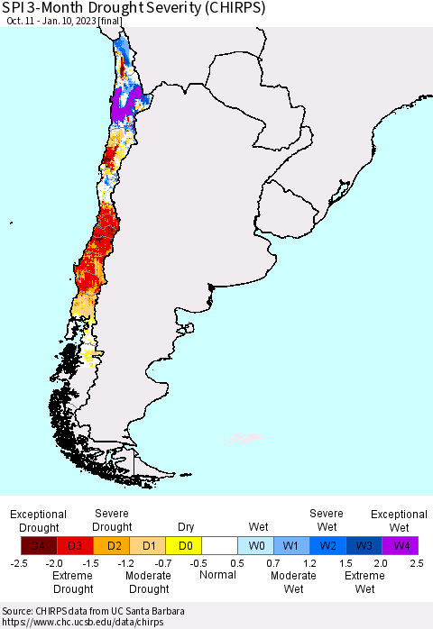 Chile SPI 3-Month Drought Severity (CHIRPS) Thematic Map For 10/11/2022 - 1/10/2023
