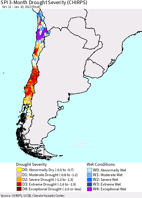 Chile SPI 3-Month Drought Severity (CHIRPS) Thematic Map For 10/11/2022 - 1/10/2023