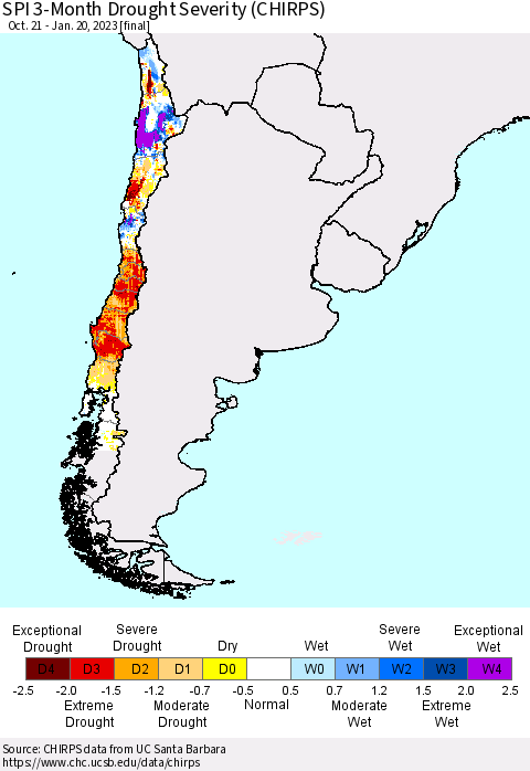 Chile SPI 3-Month Drought Severity (CHIRPS) Thematic Map For 10/21/2022 - 1/20/2023