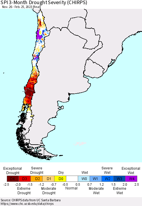 Chile SPI 3-Month Drought Severity (CHIRPS) Thematic Map For 11/26/2022 - 2/25/2023