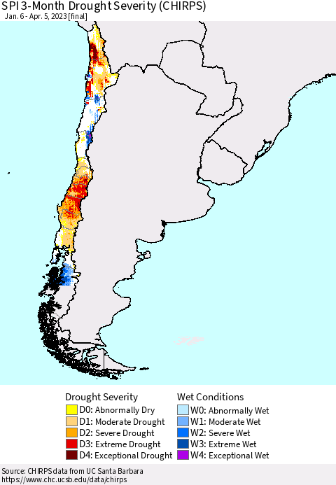 Chile SPI 3-Month Drought Severity (CHIRPS) Thematic Map For 1/6/2023 - 4/5/2023
