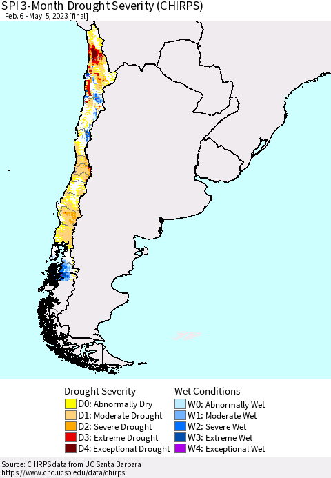 Chile SPI 3-Month Drought Severity (CHIRPS) Thematic Map For 2/6/2023 - 5/5/2023