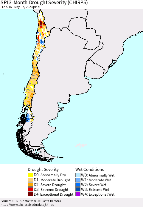 Chile SPI 3-Month Drought Severity (CHIRPS) Thematic Map For 2/16/2023 - 5/15/2023