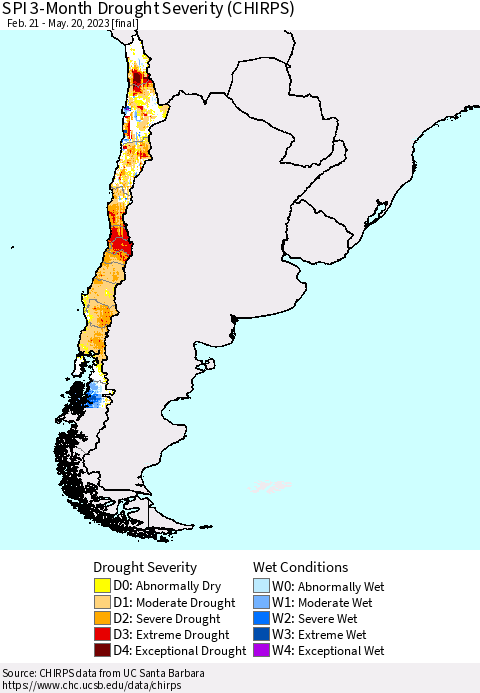 Chile SPI 3-Month Drought Severity (CHIRPS) Thematic Map For 2/21/2023 - 5/20/2023