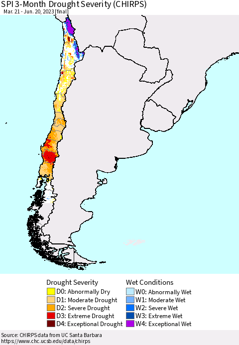 Chile SPI 3-Month Drought Severity (CHIRPS) Thematic Map For 3/21/2023 - 6/20/2023