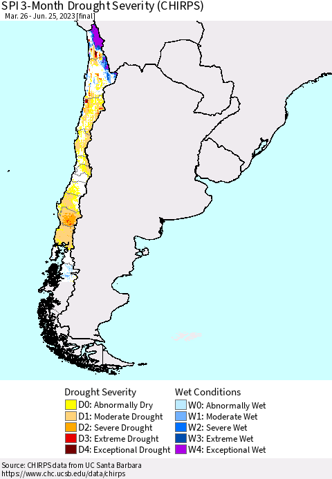 Chile SPI 3-Month Drought Severity (CHIRPS) Thematic Map For 3/26/2023 - 6/25/2023