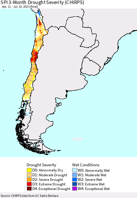 Chile SPI 3-Month Drought Severity (CHIRPS) Thematic Map For 4/11/2023 - 7/10/2023