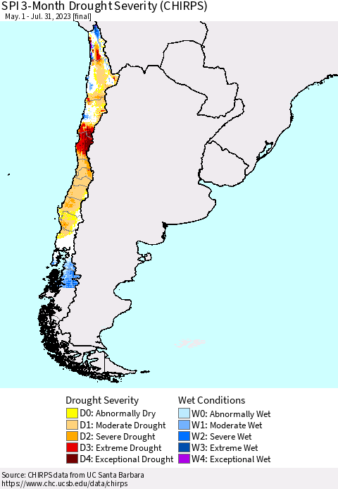 Chile SPI 3-Month Drought Severity (CHIRPS) Thematic Map For 5/1/2023 - 7/31/2023