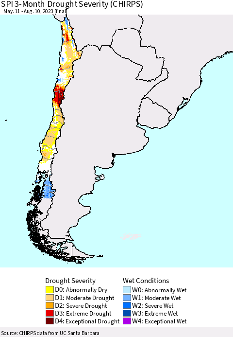 Chile SPI 3-Month Drought Severity (CHIRPS) Thematic Map For 5/11/2023 - 8/10/2023