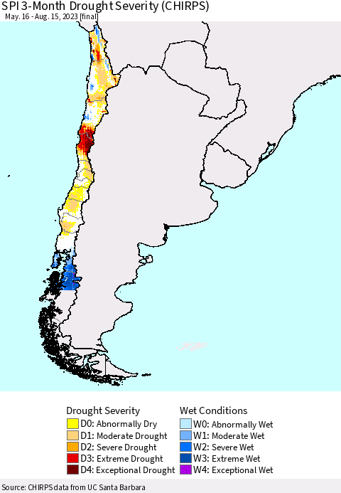 Chile SPI 3-Month Drought Severity (CHIRPS) Thematic Map For 5/16/2023 - 8/15/2023