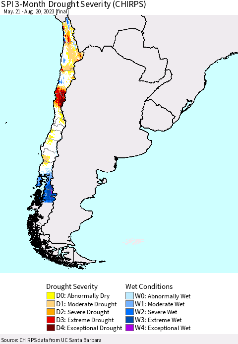 Chile SPI 3-Month Drought Severity (CHIRPS) Thematic Map For 5/21/2023 - 8/20/2023