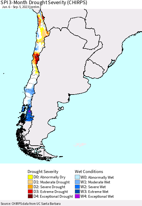 Chile SPI 3-Month Drought Severity (CHIRPS) Thematic Map For 6/6/2023 - 9/5/2023