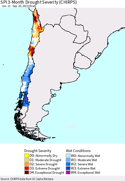 Chile SPI 3-Month Drought Severity (CHIRPS) Thematic Map For 6/21/2023 - 9/20/2023