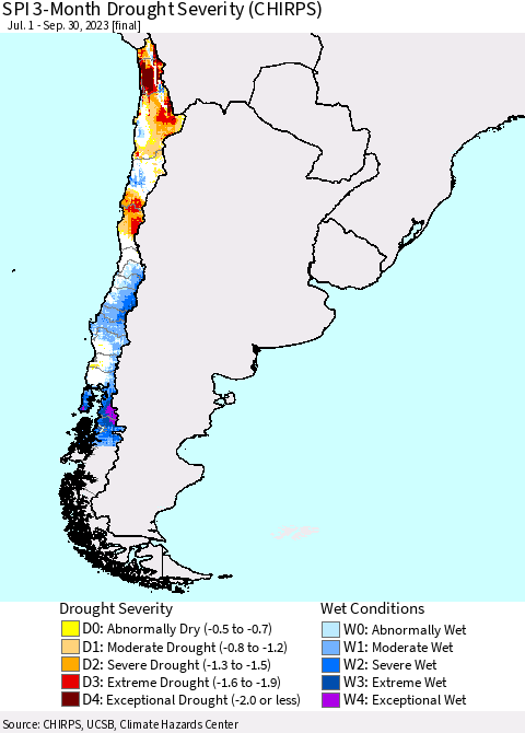 Chile SPI 3-Month Drought Severity (CHIRPS) Thematic Map For 7/1/2023 - 9/30/2023