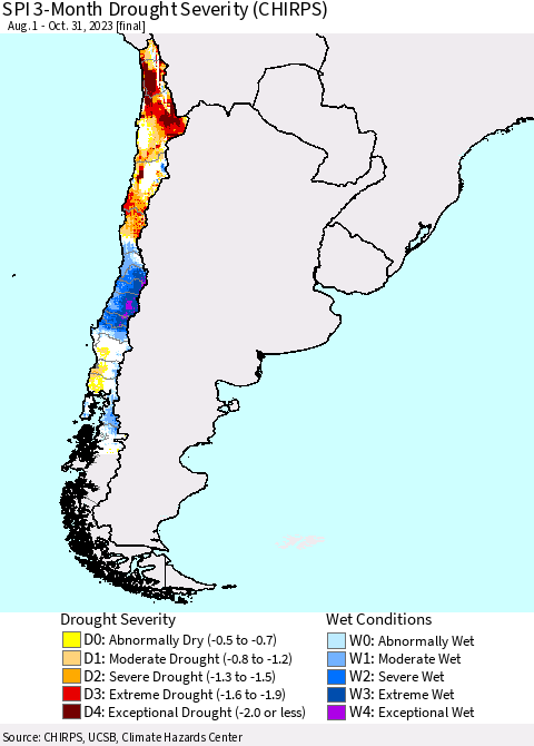 Chile SPI 3-Month Drought Severity (CHIRPS) Thematic Map For 8/1/2023 - 10/31/2023