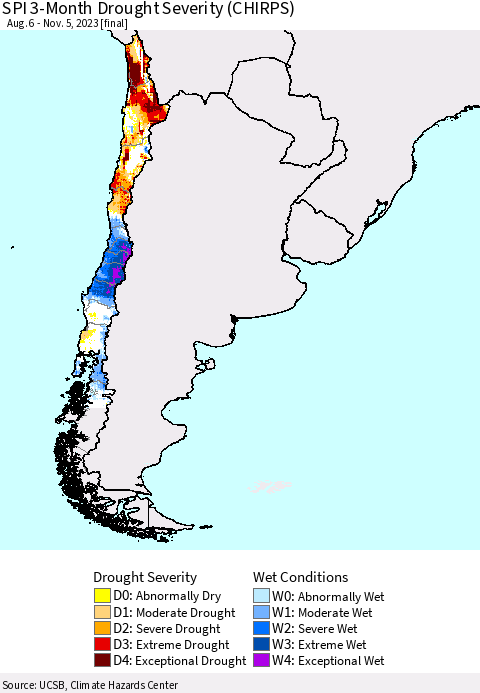 Chile SPI 3-Month Drought Severity (CHIRPS) Thematic Map For 8/6/2023 - 11/5/2023