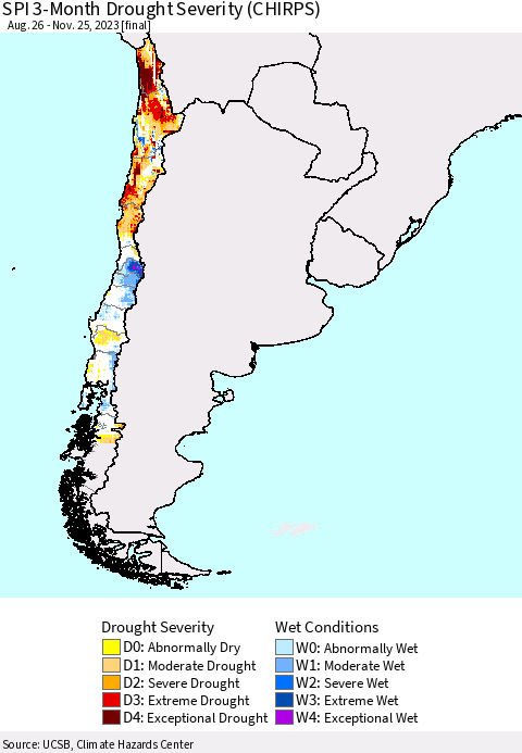 Chile SPI 3-Month Drought Severity (CHIRPS) Thematic Map For 8/26/2023 - 11/25/2023