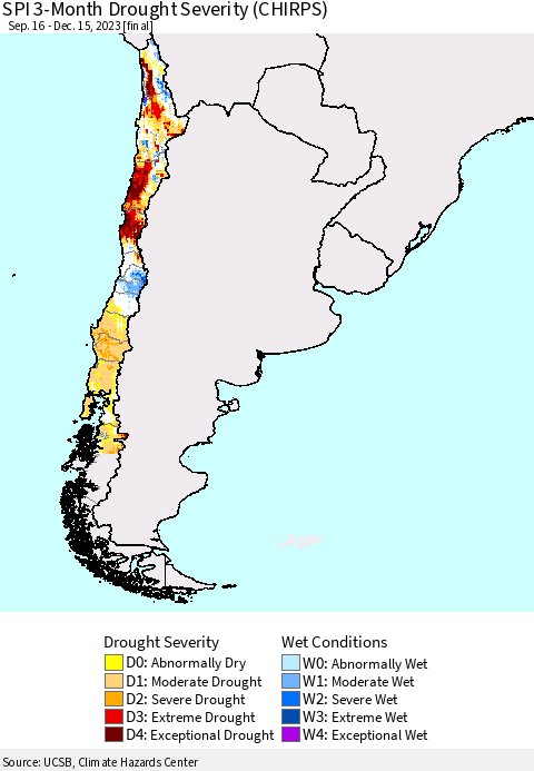 Chile SPI 3-Month Drought Severity (CHIRPS) Thematic Map For 9/16/2023 - 12/15/2023