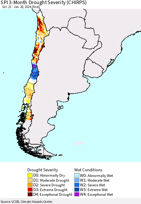 Chile SPI 3-Month Drought Severity (CHIRPS) Thematic Map For 10/21/2023 - 1/20/2024