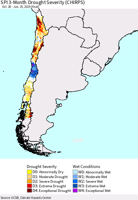 Chile SPI 3-Month Drought Severity (CHIRPS) Thematic Map For 10/26/2023 - 1/25/2024