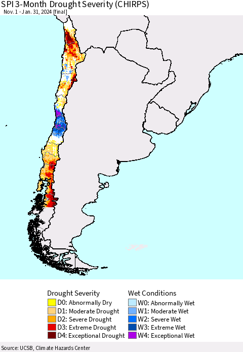Chile SPI 3-Month Drought Severity (CHIRPS) Thematic Map For 11/1/2023 - 1/31/2024
