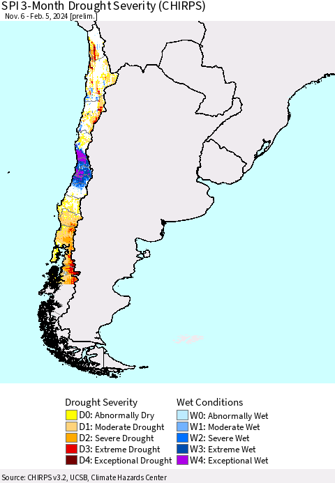 Chile SPI 3-Month Drought Severity (CHIRPS) Thematic Map For 11/6/2023 - 2/5/2024