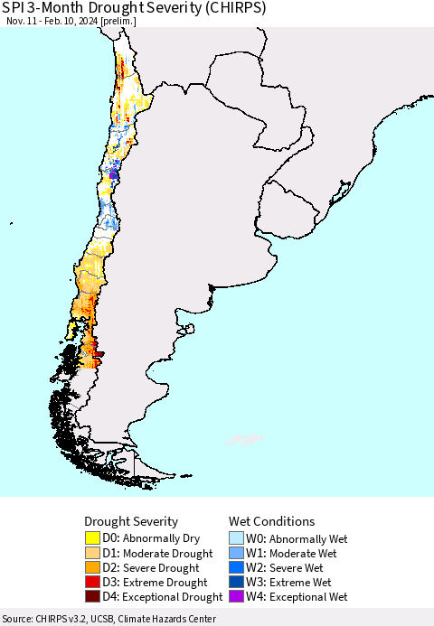 Chile SPI 3-Month Drought Severity (CHIRPS) Thematic Map For 11/11/2023 - 2/10/2024