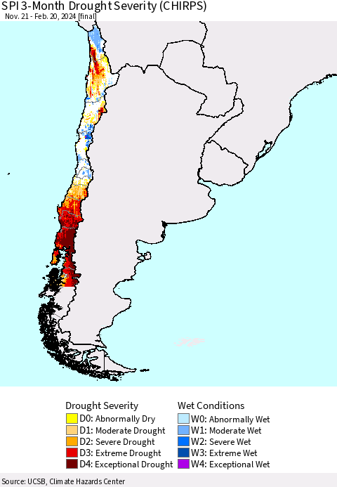 Chile SPI 3-Month Drought Severity (CHIRPS) Thematic Map For 11/21/2023 - 2/20/2024