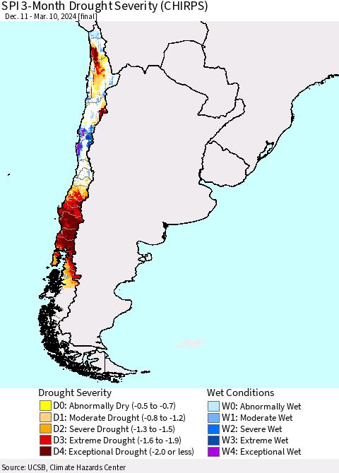 Chile SPI 3-Month Drought Severity (CHIRPS) Thematic Map For 12/11/2023 - 3/10/2024