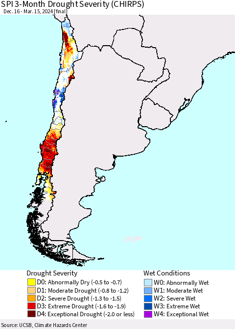 Chile SPI 3-Month Drought Severity (CHIRPS) Thematic Map For 12/16/2023 - 3/15/2024